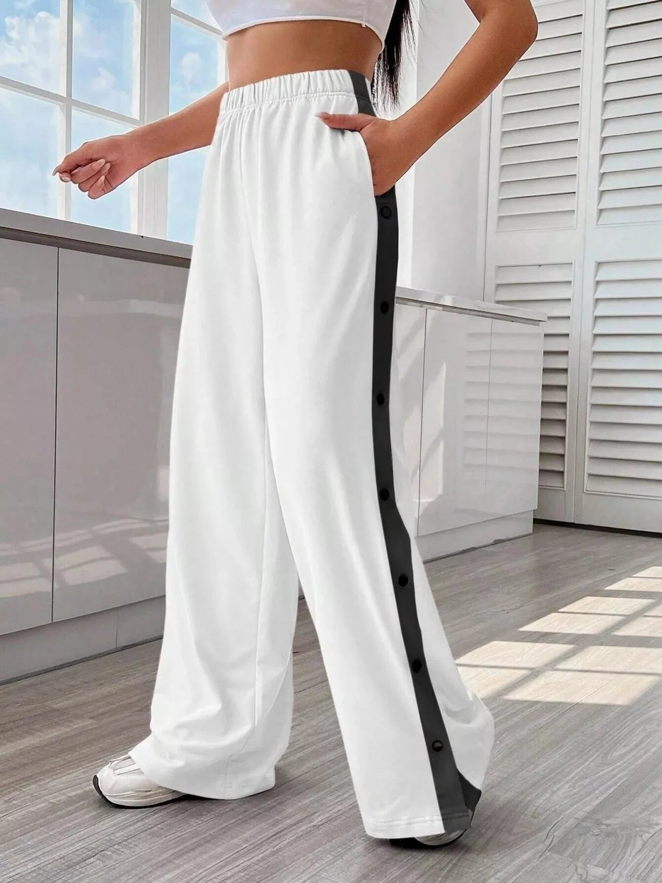 Two-Tone Side Snap Womens Wide Leg Pants