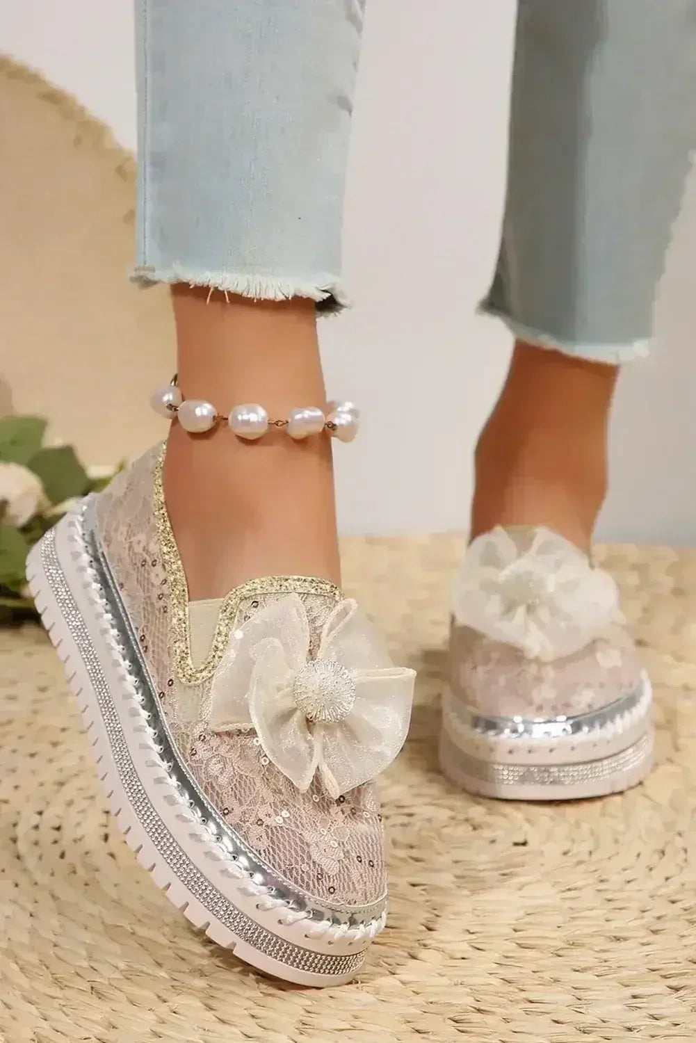 Sequin Bow Platform Shoes - Thick Sole White Sneakers - Wholesale Fashion