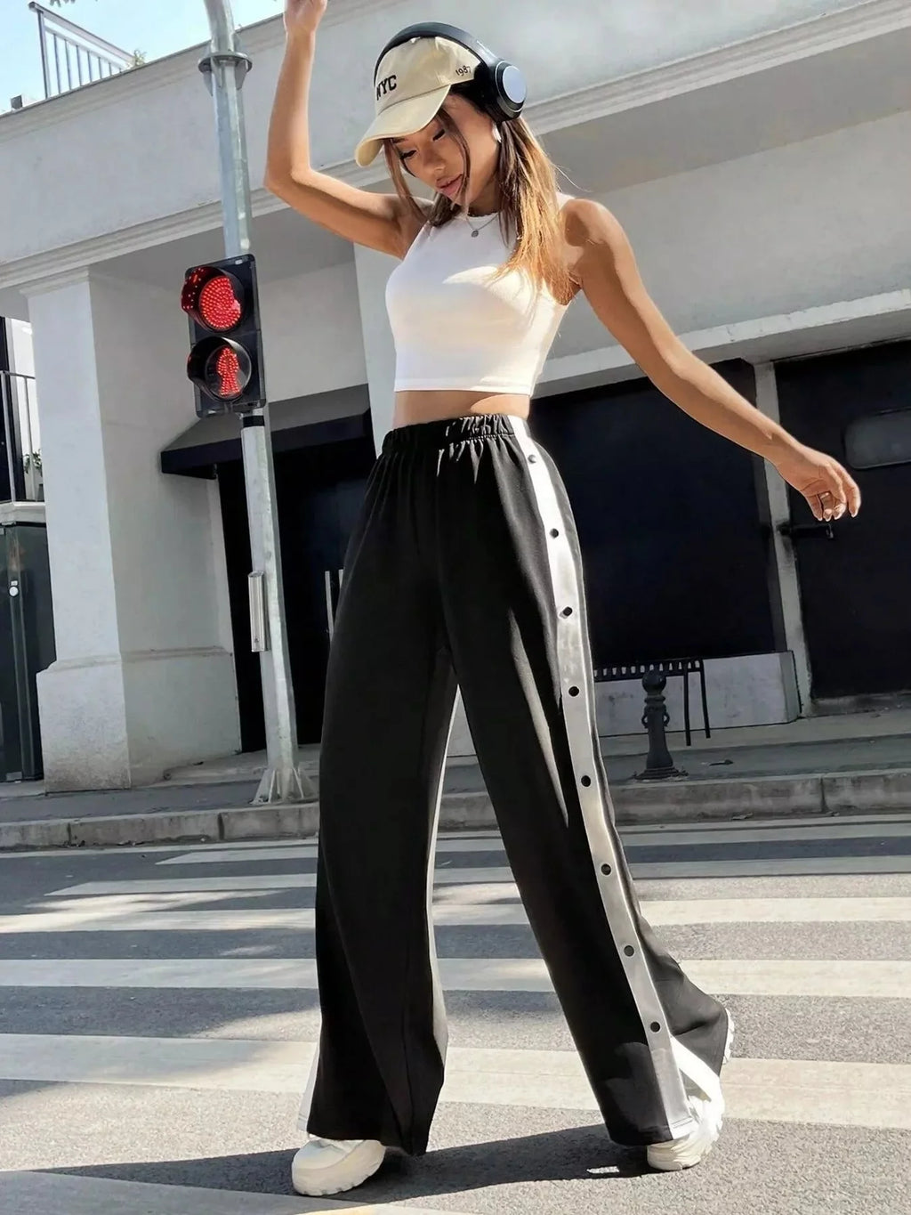 Two-Tone Side Snap Womens Wide Leg Pants