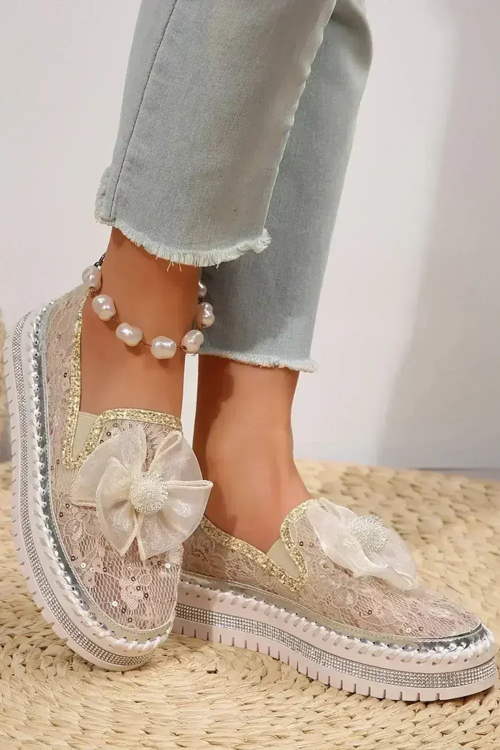 Sequin Bow Platform Shoes - Thick Sole White Sneakers - Wholesale Fashion