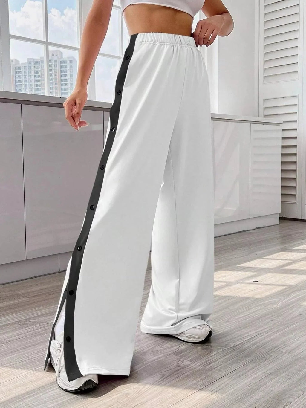 Two-Tone Side Snap Womens Wide Leg Pants