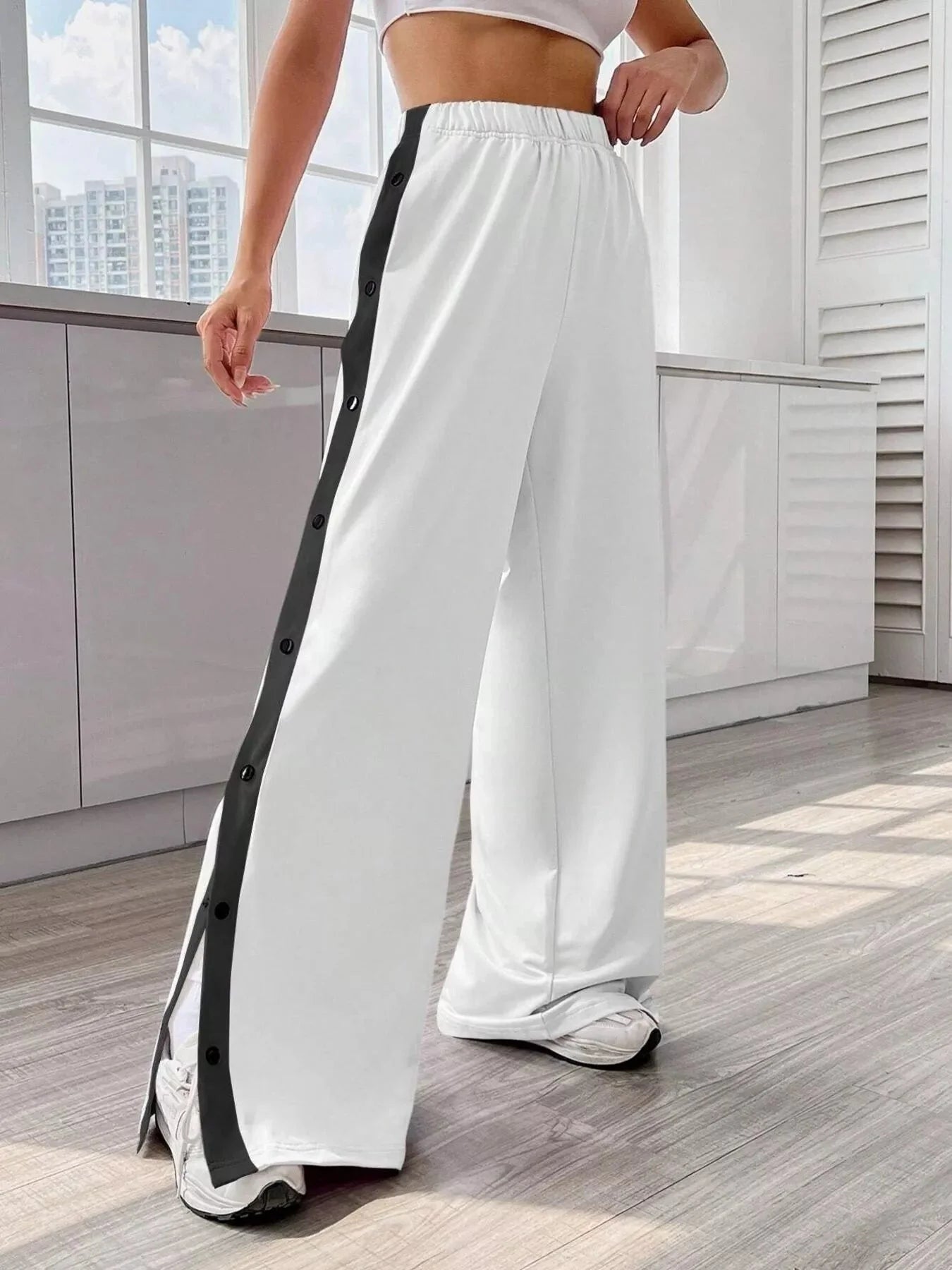 Two-Tone Side Snap Womens Wide Leg Pants