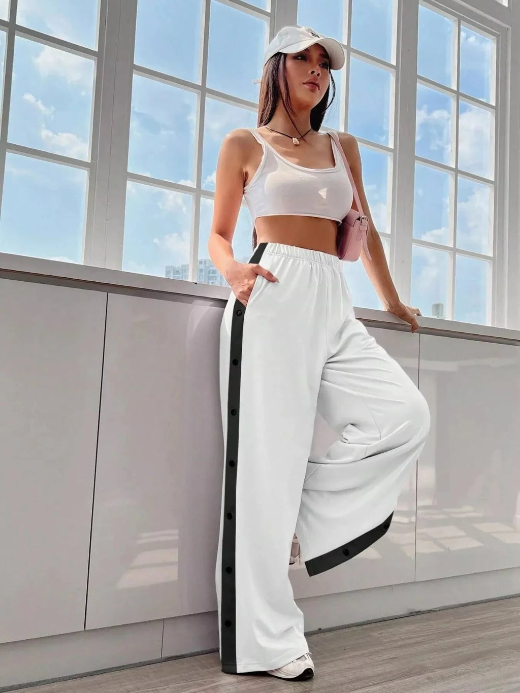 Two-Tone Side Snap Womens Wide Leg Pants