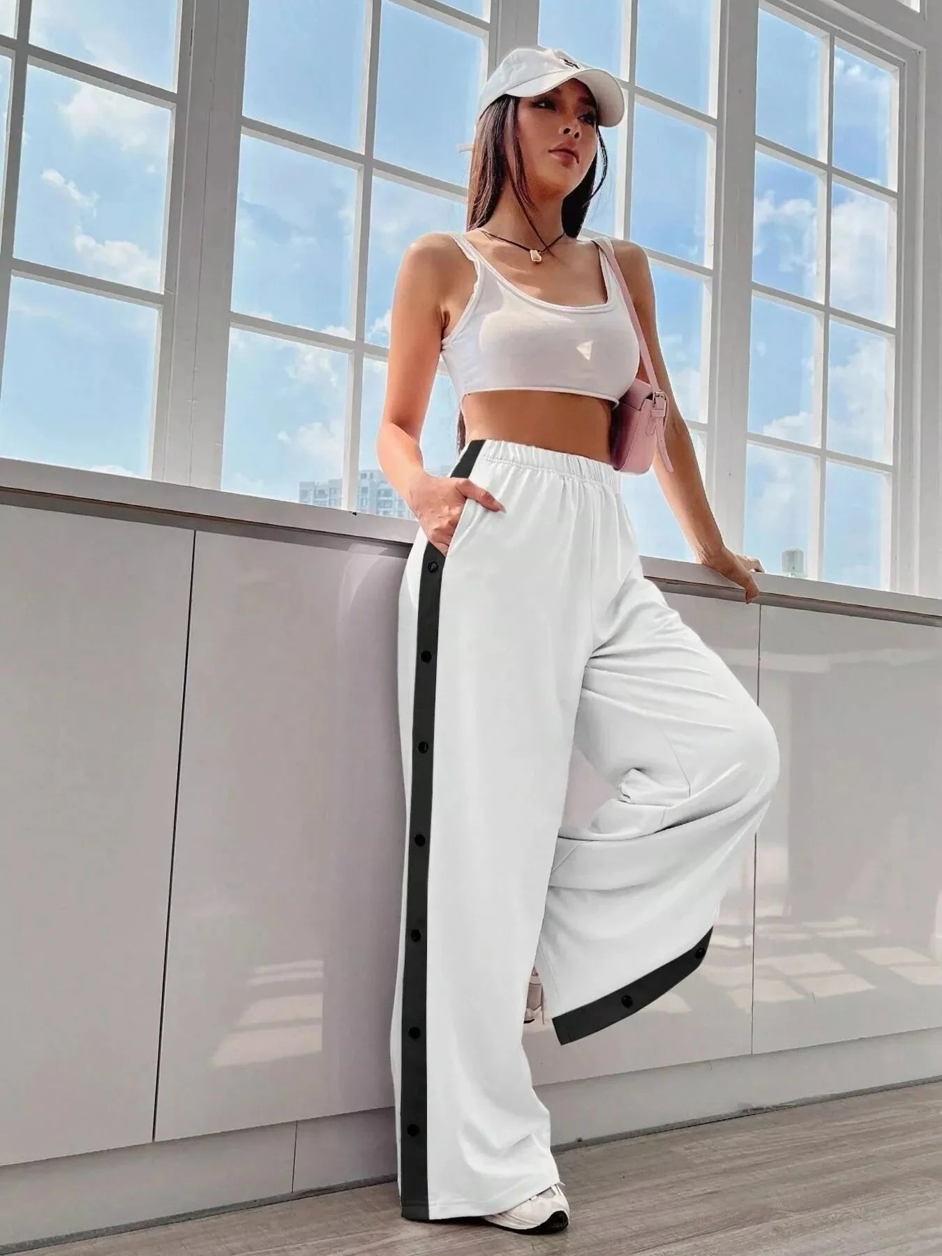 Two-Tone Side Snap Womens Wide Leg Pants
