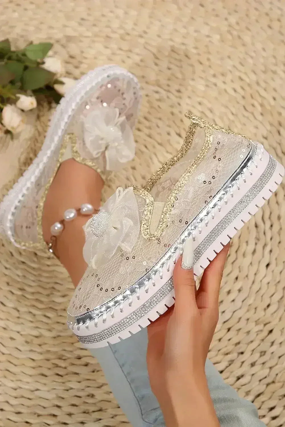 Sequin Bow Platform Shoes - Thick Sole White Sneakers - Wholesale Fashion
