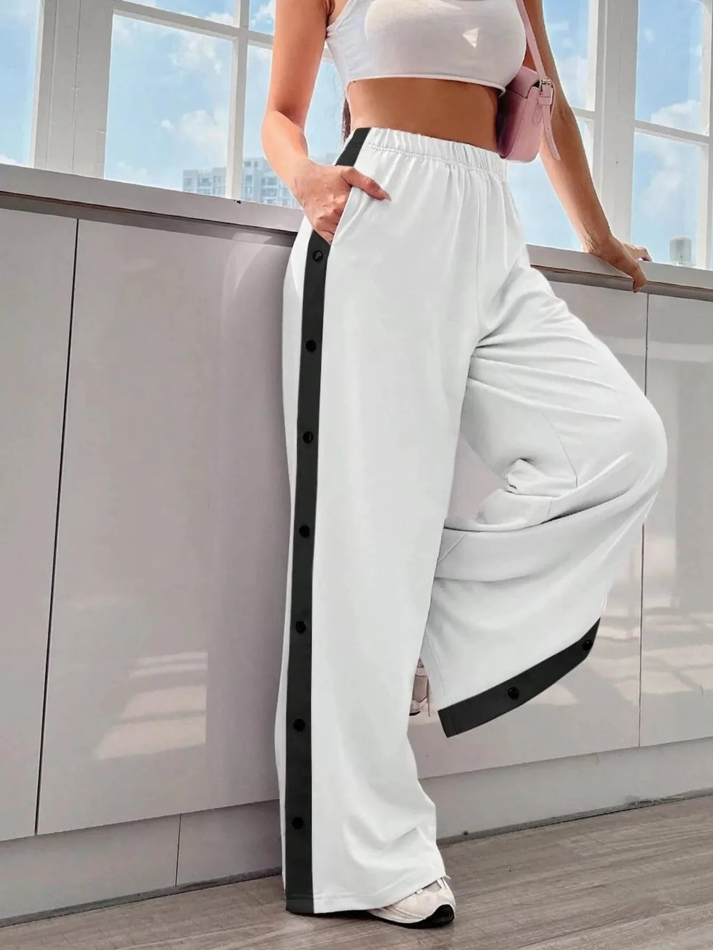 Two-Tone Side Snap Womens Wide Leg Pants