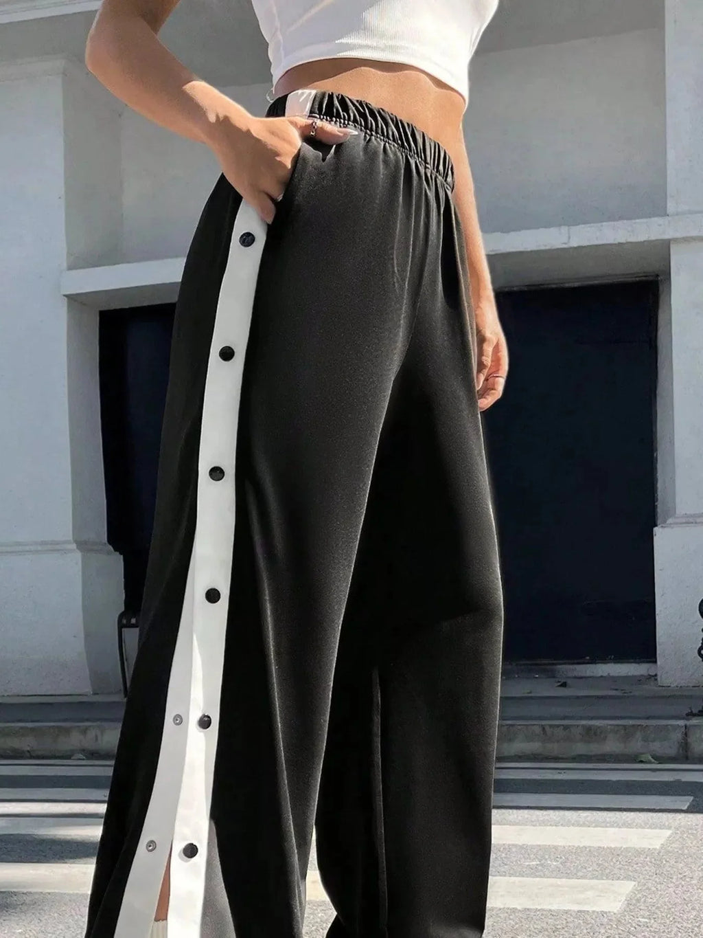 Two-Tone Side Snap Womens Wide Leg Pants