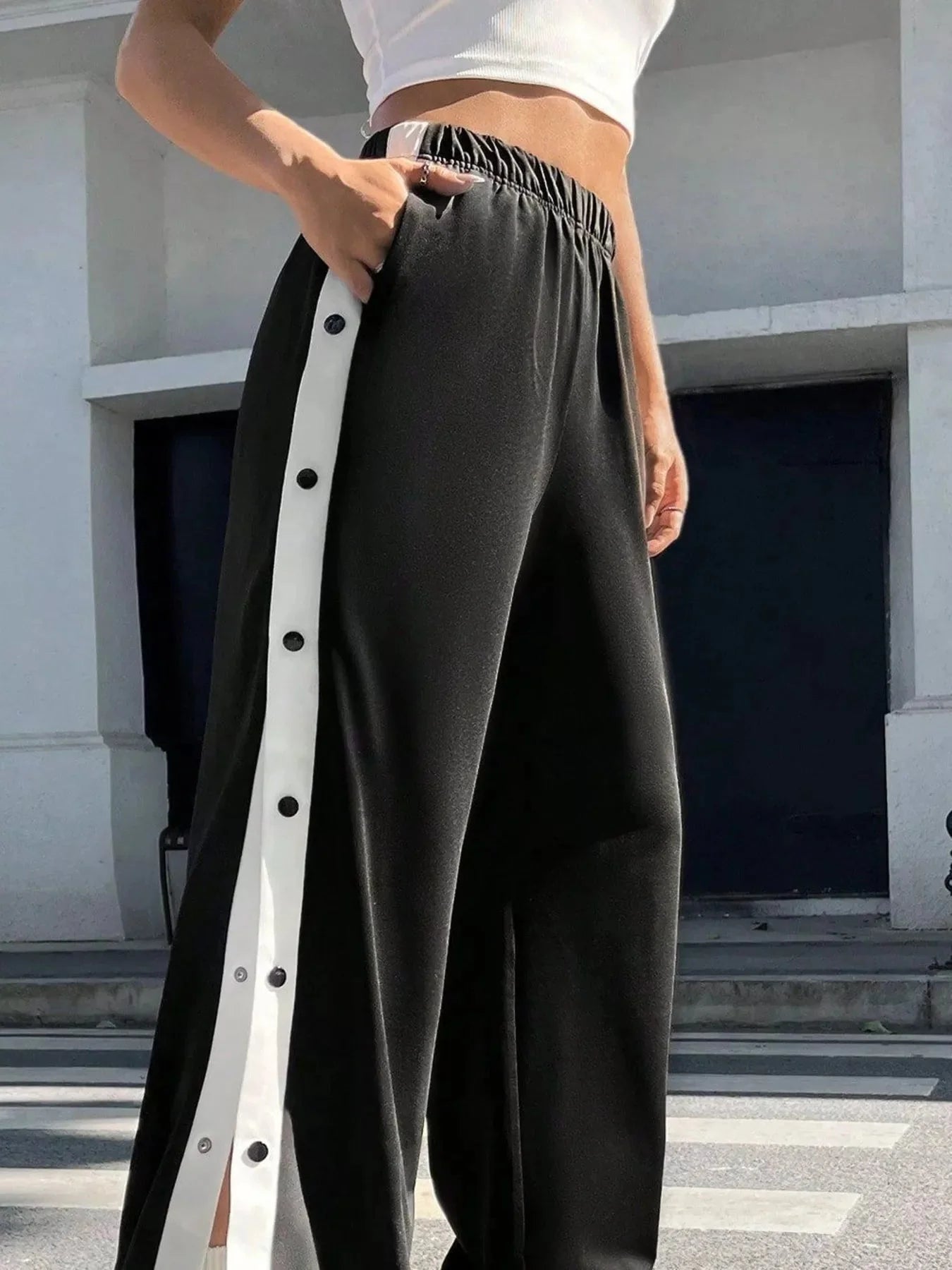 Two-Tone Side Snap Womens Wide Leg Pants