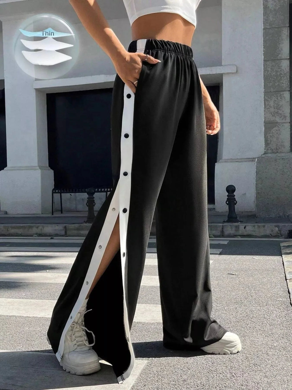 Two-Tone Side Snap Womens Wide Leg Pants