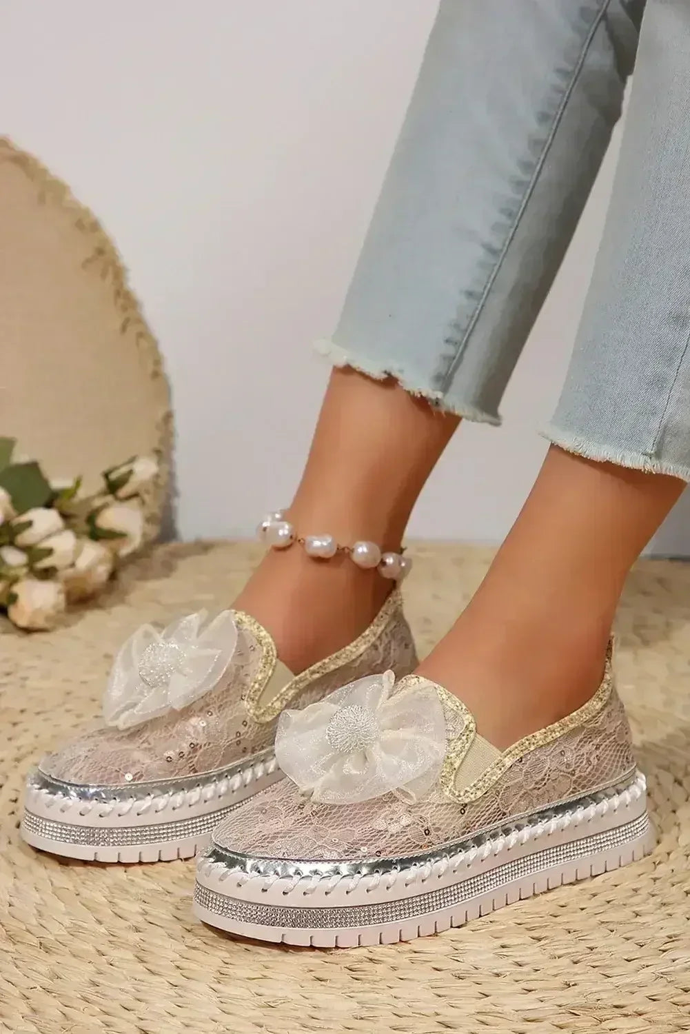 Sequin Bow Platform Shoes - Thick Sole White Sneakers - Wholesale Fashion