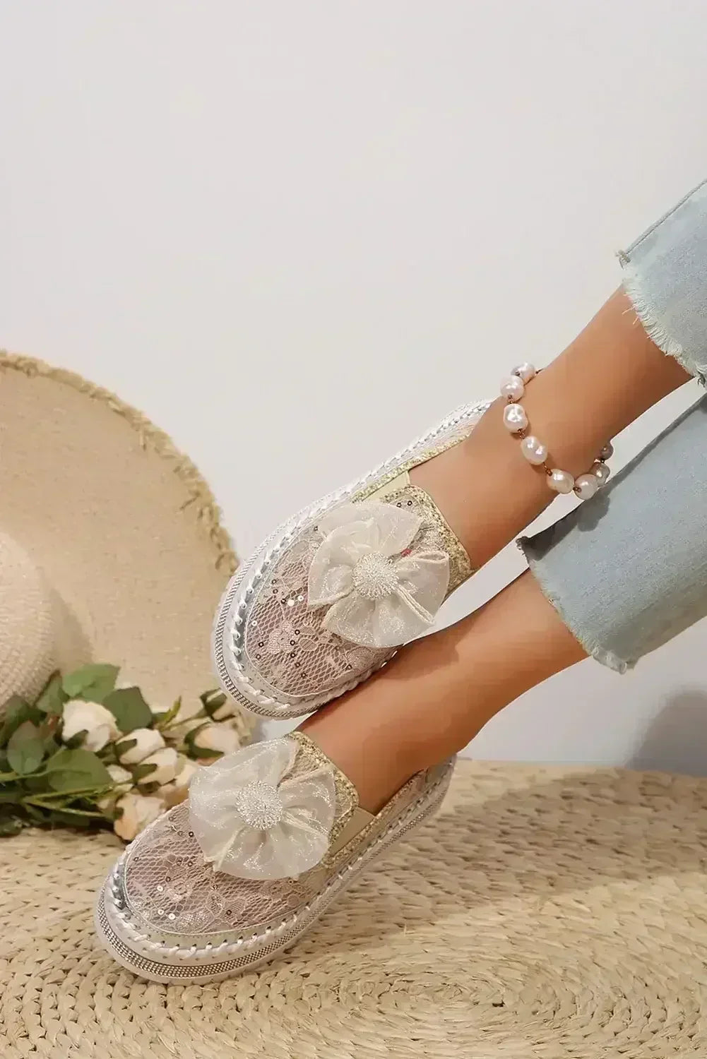 Sequin Bow Platform Shoes - Thick Sole White Sneakers - Wholesale Fashion