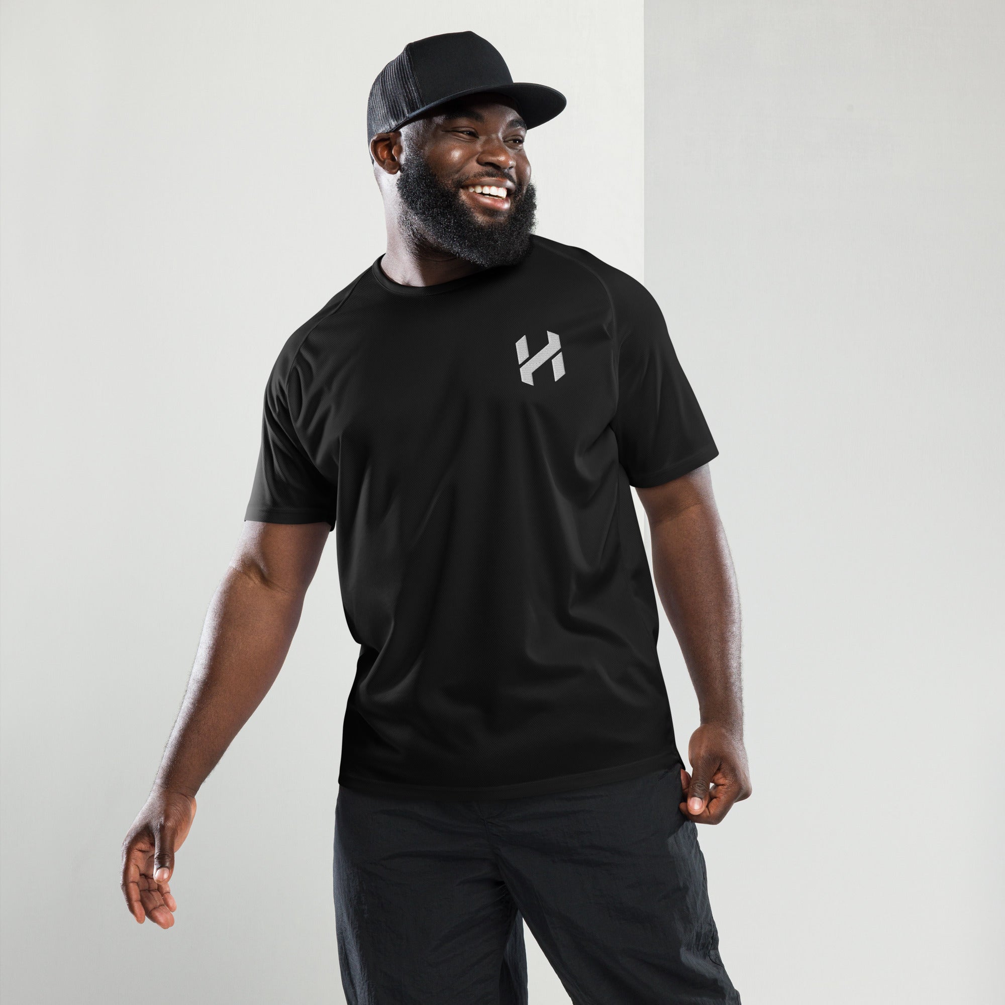 ShopHnH Men’s Performance Jersey – Black Athletic Mesh Workout Shirt | Breathable Polyester Gym & Streetwear Top with 3D Logo